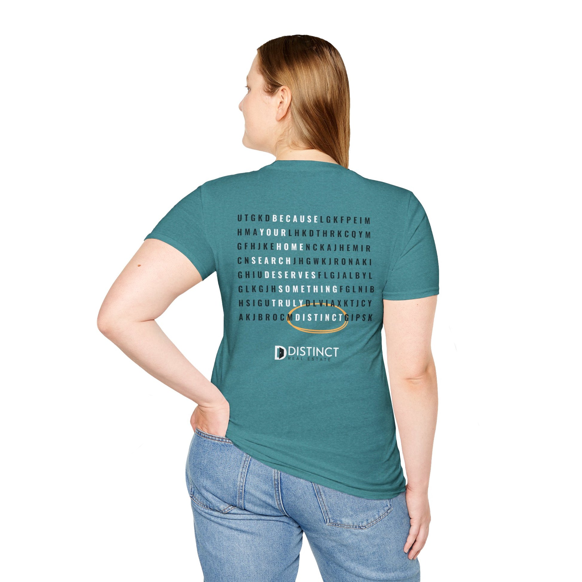 Distinct Unisex Softstyle Teal T-Shirt with Word Search